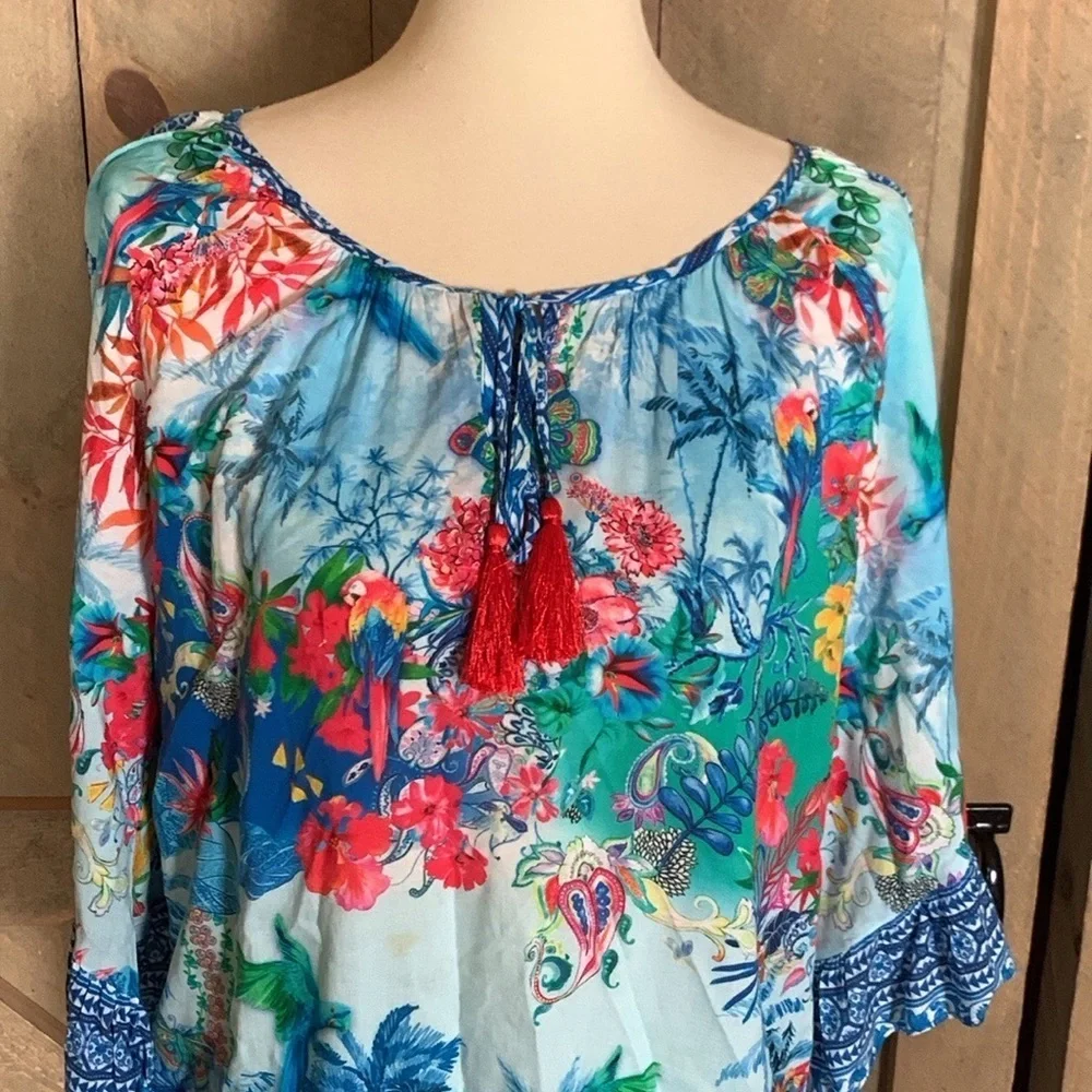Lulalife colorful rayon blouse with tassel ties Size Small